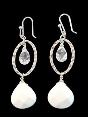 925 Sterling Vintage Crystal Glass Bead Geometric Wire Hook Approx 2" Earrings